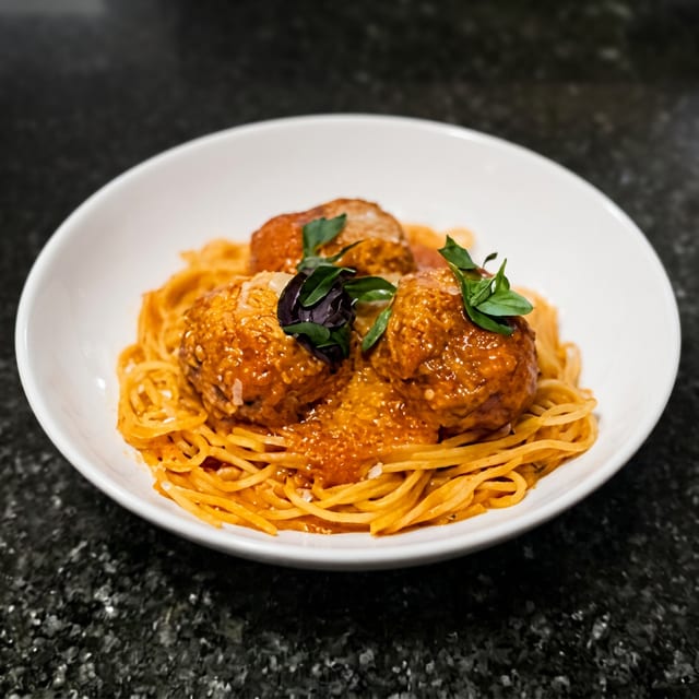Capellini with Meatballs.